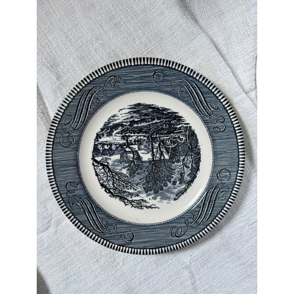 Royal China Americana Currier & Ives Blue White‎ Plates Old Grist Mill Set of 2